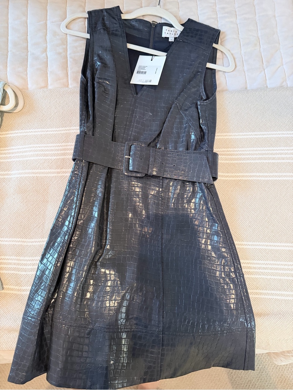 Tanya Taylor navy Faux-Croc Midi Dress with Belt